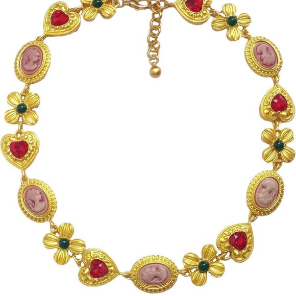Jewelry - Chunky Y2K Jewelry Gold Necklace Red Heart Charm Colorful Vintage Collar
